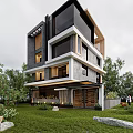 Modern Style Detached Villa With Large Glass Windows Gray Exterior And Green Lawn