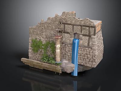 Rustic Scene Structure With Stone Walls Waterfall Green Plants Tower And Wooden Elements 3d model