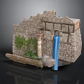 Rustic Scene Structure With Stone Walls Waterfall Green Plants Tower And Wooden Elements
