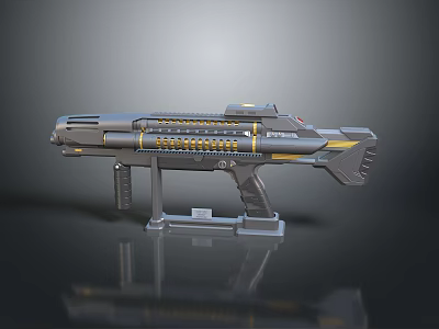 Futuristic Sci Fi Weapon With Detailed Gray And Yellow Design Barrel Grip And Display Stand 3d model