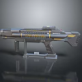 Futuristic Sci Fi Weapon With Detailed Gray And Yellow Design Barrel Grip And Display Stand