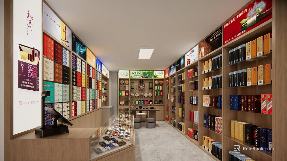 Tobacco and Alcohol Store Interior With Shelves Displaying Various Liquor and Cigarette Products 3d model 