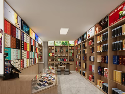 Tobacco and Alcohol Store Interior With Shelves Displaying Various Liquor and Cigarette Products 3d model