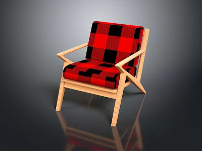 Red Black Checkered Single Chair With Wooden Frame Armrest Simple Modern Design 3d model