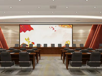 Spacious Formal Conference Room Interior With Large Screen Red Elements Golden Decorations And Neat Chairs 3d model