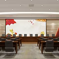 Spacious Formal Conference Room Interior With Large Screen Red Elements Golden Decorations And Neat Chairs