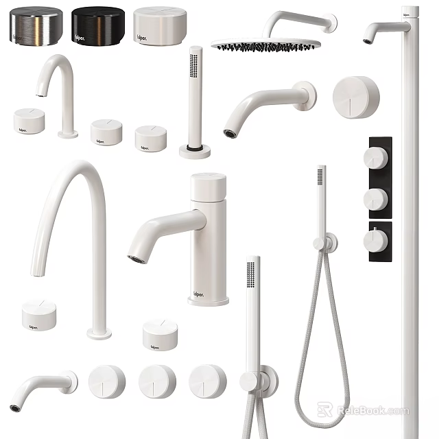 Modern Faucet Collection for Kitchen and Bathroom With White Knobs Handles and Sprayers 3d model