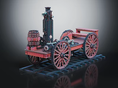 Vintage Brick Built Steam Locomotive Model With Red Black Large Wheels And Track 3d model