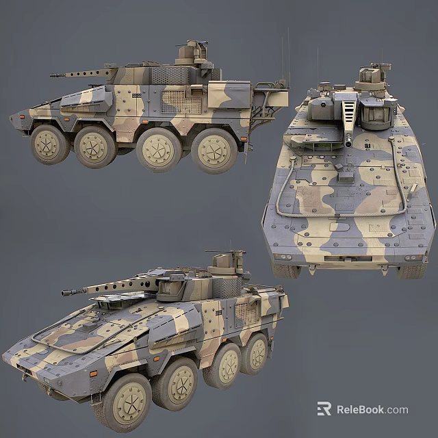 Military Camouflaged Armored Tank With Six Wheels Turret And Multi Angle View 3d model 