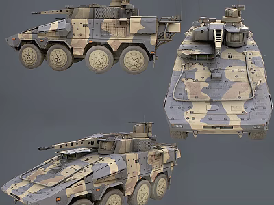 Military Camouflaged Armored Tank With Six Wheels Turret And Multi Angle View 3d model