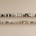 Decorative Ornament Arrangement on Two Shelves with Bottles Jars and Small Plants