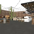 Rustic Bar Interior Design With String Lights Wooden Wall Cactus Barrel Tables and Chairs 3d model