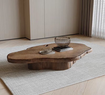Natural Edge Wooden Coffee Table With Woven Basket Books Metallic Tray On Light Gray Rug 3d model