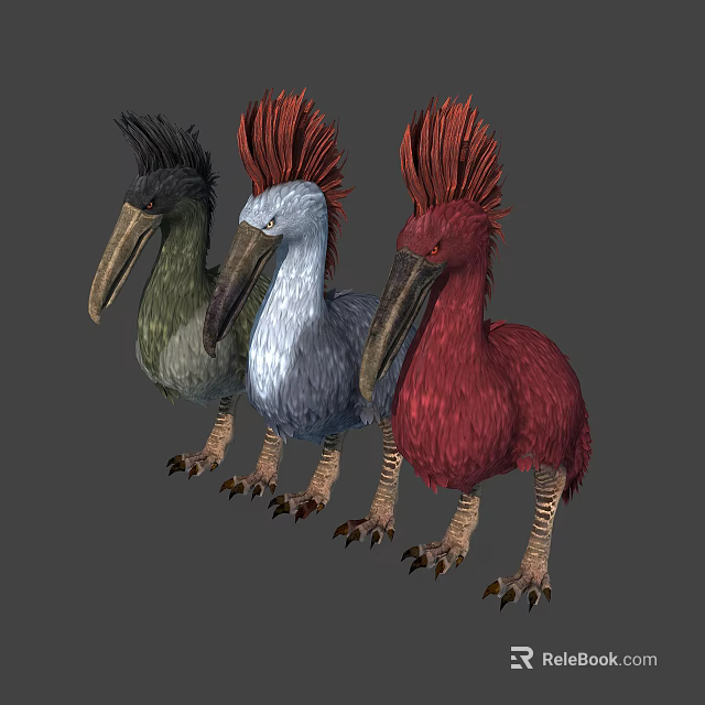 Three Colorful Flying Animals Featuring Green Blue Red Plumage Large Beaks Crests and Strong Legs 3d model 