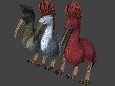 Three Colorful Flying Animals Featuring Green Blue Red Plumage Large Beaks Crests and Strong Legs 3d model