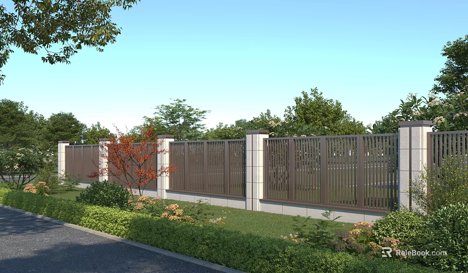 Brown Slatted Building Exterior Wall With White Pillars Green Trees And Lawn Along Road 3d model 