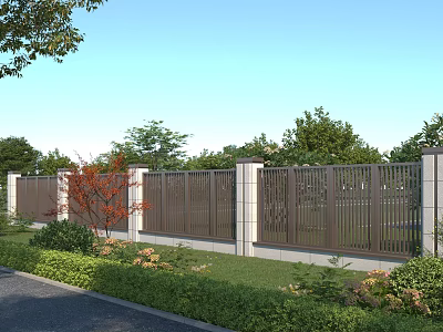 Brown Slatted Building Exterior Wall With White Pillars Green Trees And Lawn Along Road 3d model