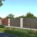 Brown Slatted Building Exterior Wall With White Pillars Green Trees And Lawn Along Road