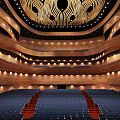 Modern Theater Auditorium Interior With Wooden Tiers Blue Seats And Ceiling Lighting