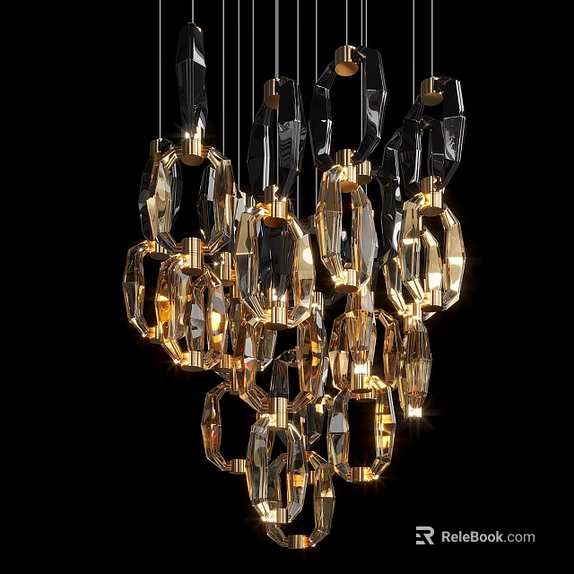 Stylish Modern Crystal Chandelier With Hanging Geometric Rings Illuminated For Contemporary Interior 3d model 