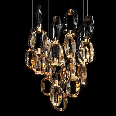 Stylish Modern Crystal Chandelier With Hanging Geometric Rings Illuminated For Contemporary Interior 3d model