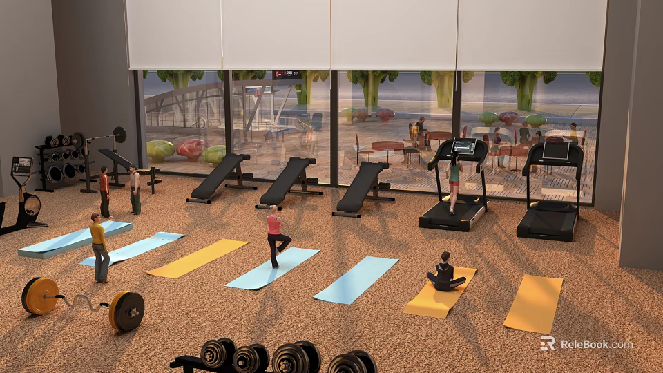 Yoga Studio With Yoga Mats People Practicing And Fitness Equipment Near Large Windows 3d model 