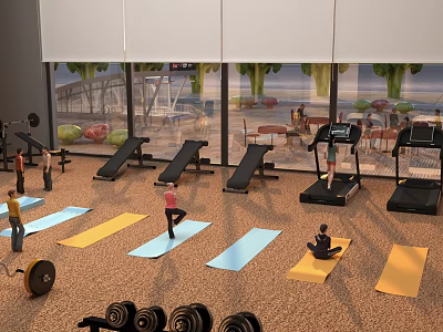 Yoga Studio With Yoga Mats People Practicing And Fitness Equipment Near Large Windows 3d model