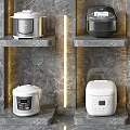 Six Modern Rice Cookers On Marble Shelves With Grey Marble Walls And Golden Lines