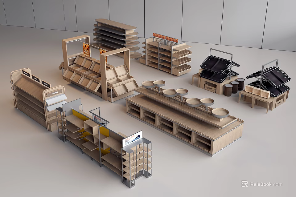Wooden Display Shelves With Multiple Layers And Storage Trays For Retail Store Racks 3d model 