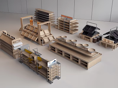 Wooden Display Shelves With Multiple Layers And Storage Trays For Retail Store Racks 3d model