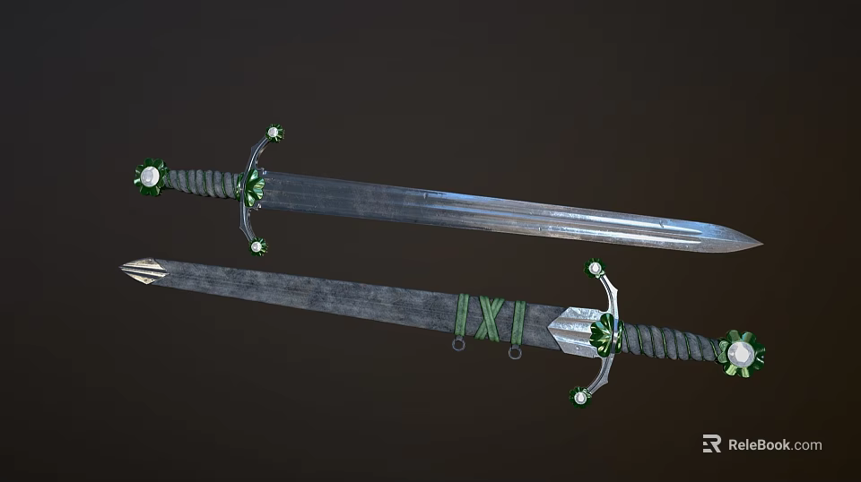 Ornate Decorative Swords With Green Gemstones And Intricate Metal Handles Design 3d model 