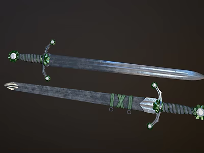 Ornate Decorative Swords With Green Gemstones And Intricate Metal Handles Design 3d model