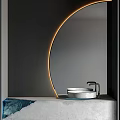 Modern Bathroom Washbasin Interior With Circular Mirror Concrete Countertop And LED Lighting