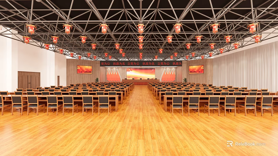 Spacious Conference Room With Wooden Flooring Arranged Chairs Stage And Pendant Lights 3d model 