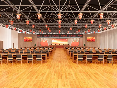 Spacious Conference Room With Wooden Flooring Arranged Chairs Stage And Pendant Lights 3d model