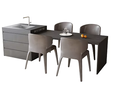 Modern Dining Table with Chairs Black Top Grey Seats Sink Cabinet Plate and Oranges 3d model