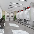 Modern Bank Interior Featuring Waiting Seats Teller Counters Digital Screens Green Plants And Bright Lighting