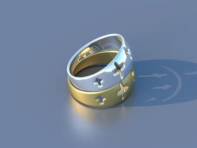 Gold and Silver Stackable Rings with Star and Cross Patterns 3d model