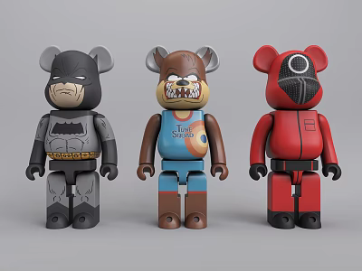 Gray Brown Red Collectible Bear Figurines With Batman And Masked Themes 3d model