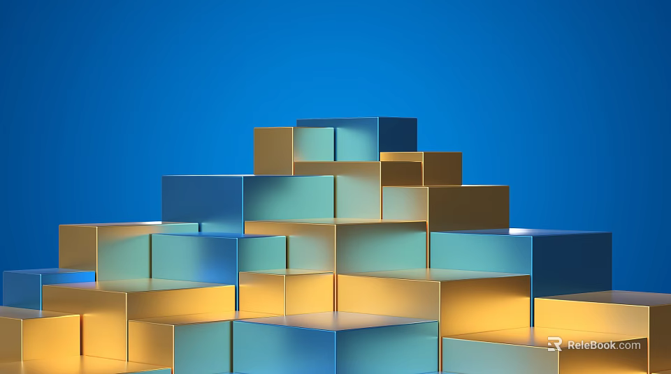 Modern Colorful Display Shelves With Stacked Multicolored Cubes On Blue Background 3d model 