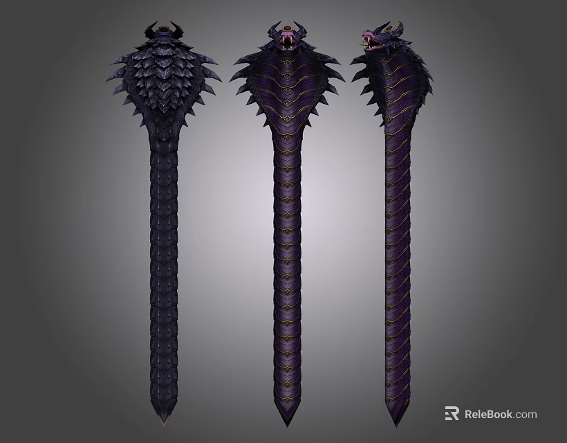 Character Weapons With Creature Head Designs And Dark Purple Textures 3d model 