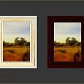 Gold And Red Picture Frames With Ornate Design Holding Landscape Painting Of Field And Trees