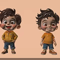 Game Movie Cartoon Boy Characters With Curly Brown Hair Happy Faces Yellow Tops Blue Pants Brown Shoes 3d model