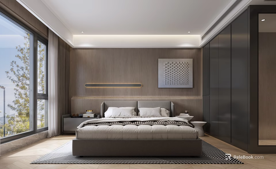 Modern Bedroom Interior With Gray Walls King Size Bed Decorative Painting Nightstand And Wardrobe 3d model 