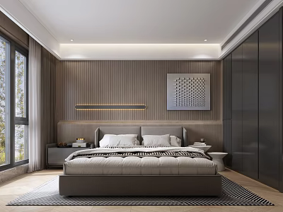 Modern Bedroom Interior With Gray Walls King Size Bed Decorative Painting Nightstand And Wardrobe 3d model