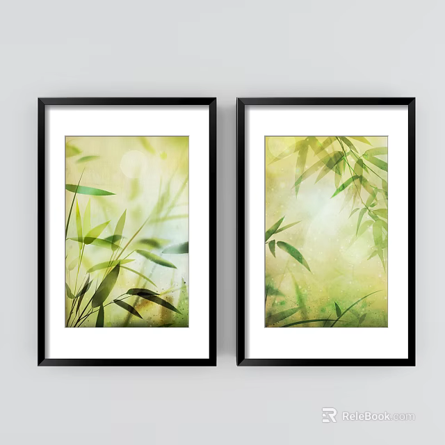 Bamboo Plant Paintings in Black Frames with Light Green Background and Leaf Details 3d model 
