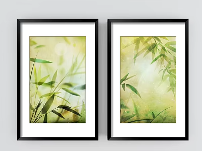 Bamboo Plant Paintings in Black Frames with Light Green Background and Leaf Details 3d model