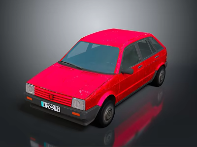Vintage Red Scratched Hatchback Car With License Plate LOVE 123 And Dark Background Reflection 3d model