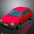 Vintage Red Scratched Hatchback Car With License Plate LOVE 123 And Dark Background Reflection