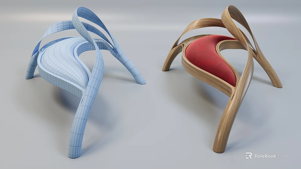 Modern Curved Blue Mesh Leisure Chair And Red Cushion Wooden Frame Design 3d model 
